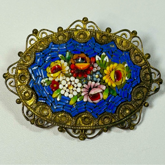 Vintage micro mosaic brooch filigree Italy Floral - Picture 1 of 7